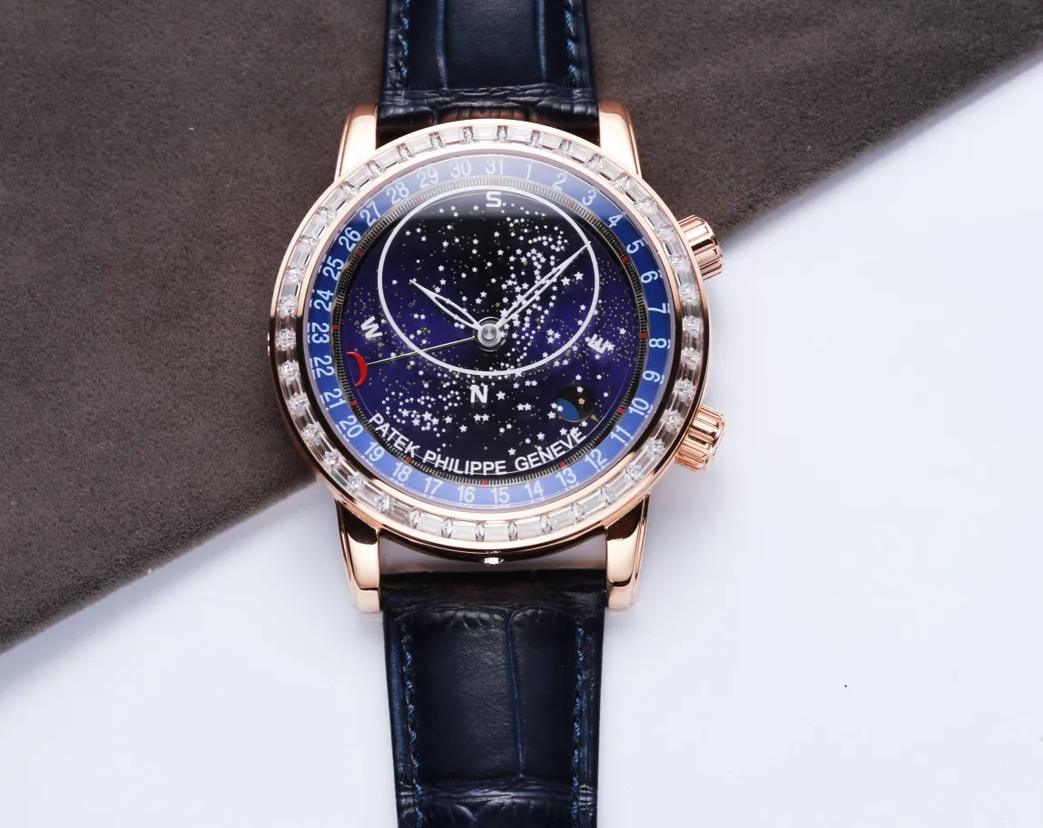 【High-end replica】💰1720! 【Top replica】💰4500! Patek Philippe Starry Sky upgraded and revised version V3 is officially launched. This version corrects the "clockwise" calendar direction consistent with the official version, adds a diamond-set version of the buckle, and tool-free disassembly and assembly of the belt. Text: Patek Philippe 6102 | 6104 Super Complication Series/Geneva Sky Series, have you ever imagined wearing the starry sky on your wrist? This starry sky watch has a unique astrological function. You can enjoy the Geneva sky map on the dial. The blue letters are matched with the 18K real gold-plated moon phase, which is consistent with the original. The black letters are matched with the enamel white moon phase, which is consistent with the original. It took 30 months to carefully build. It uses the original imported Miyota fully automatic mechanical movement modified 324S. The 6 o'clock position on the side of the case It uses imported Swarovski natural rhinestones and an original 18K gold automatic hammer. The moon on the dial will automatically change according to the full moon and eclipse of the moon in the sky. The glass is processed with advanced technology. The micro-arch shape allows the glass to refract light and have a stronger three-dimensional effect, making the dial look more transparent. Men’s ultimate dream is to have the king of watches in hand. Nothing else! (Focus on original new machines) Focus is an attitude, produced by JH!
